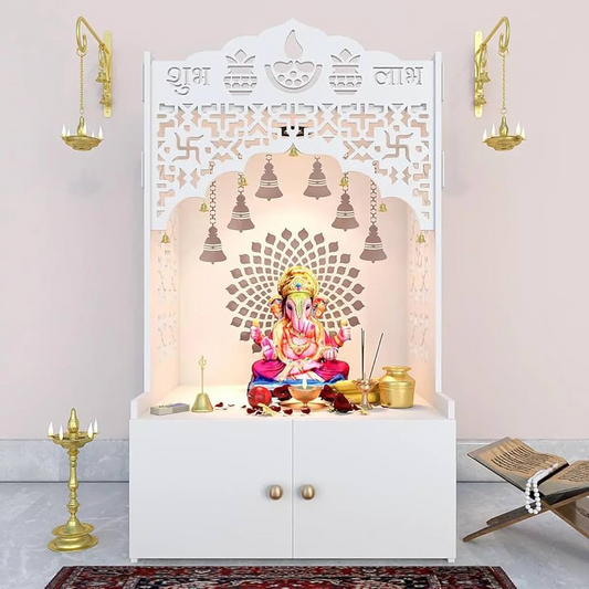 Divine Wooden Pooja Mandir for Home with Spacious Shelf & Inbuilt Focus Light - White Pooja Mandir, 96 cm - Temple for Home Diwali Gift